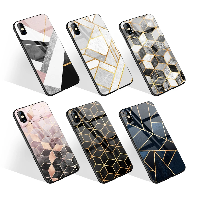 

Customized Cubes Golden Glossy Marble Pinting Hard Glass Mobile Phone Bags For IPhone,Case For Samsung S21 S10, Black