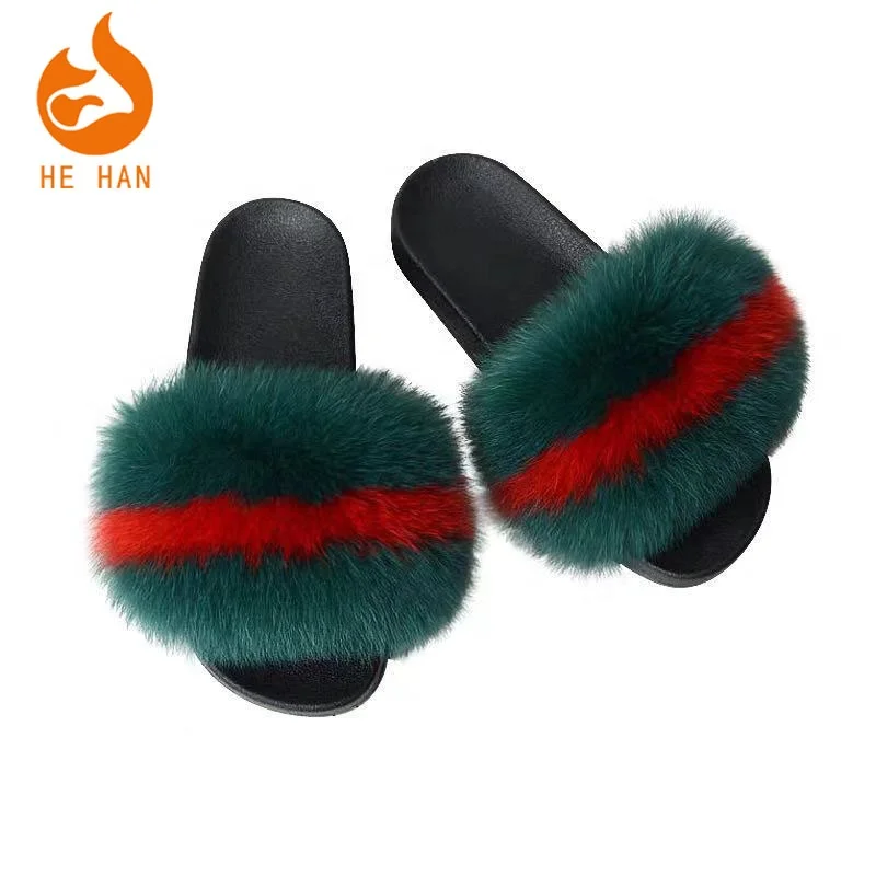 

Factory wholesale designer ladies fur slippers real fox fur slides for women girls