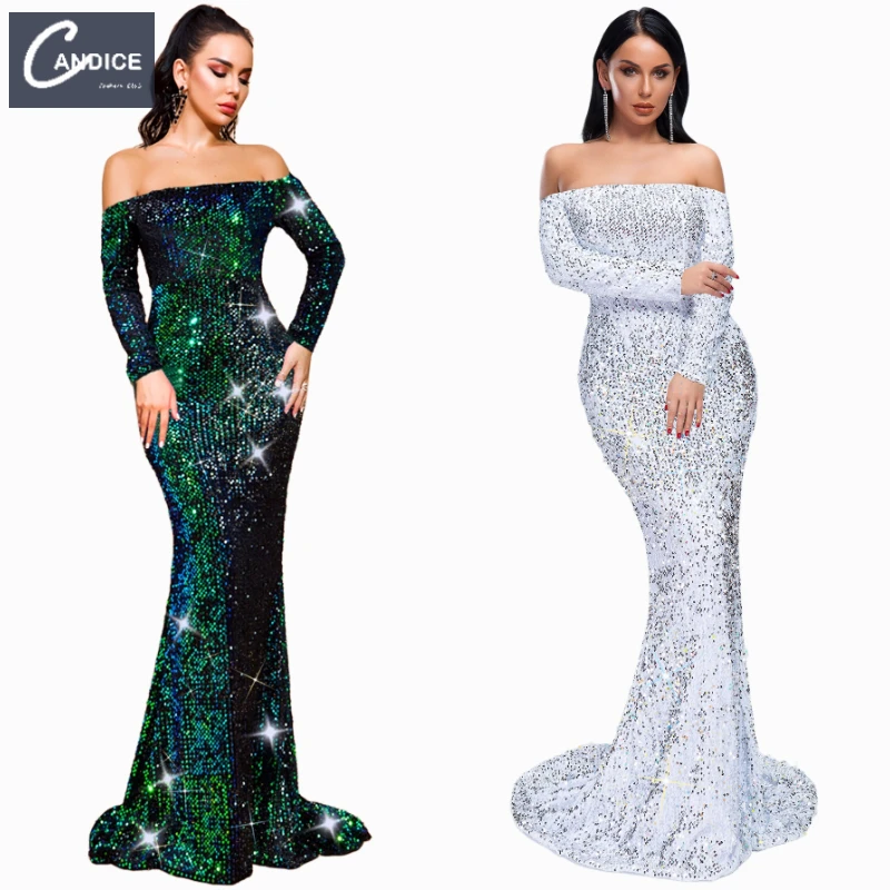 

Candice Haute couture 4XL modest sequin prom dress elegant dinner crystal evening dresses with sequined