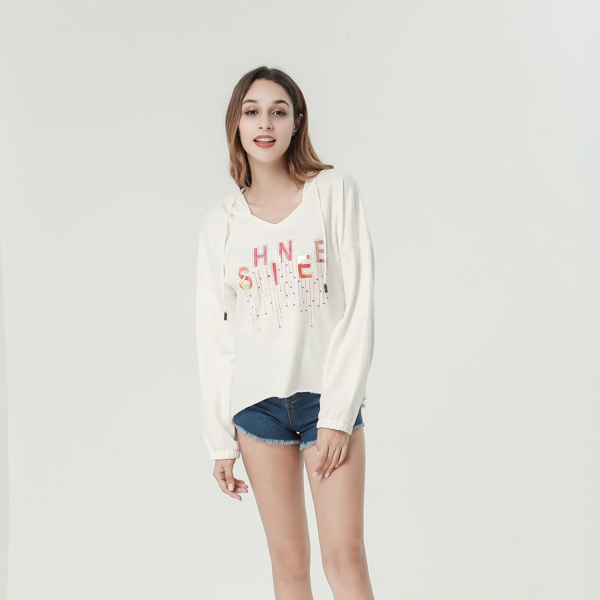 

Hot sales long sleeve V neck fashion solid color casual pullover women hoodie