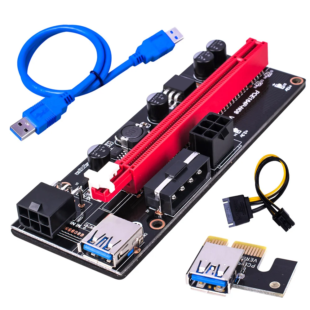 

Newest VER009S Plus PCIE x1 to x16 Riser with dual 6 Pin and molex 4pin 009S Riser With USB 3.0 Cable For Bitcoin Mining, Blue