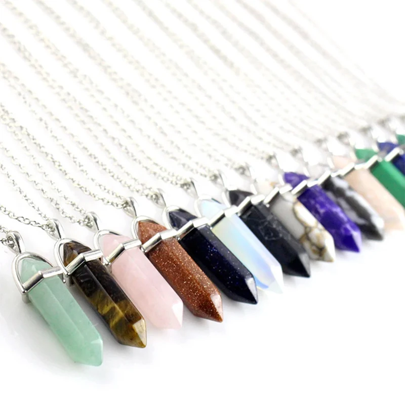 

Women jewelry natural stone bullet necklace hexagonal quartz crystal necklace