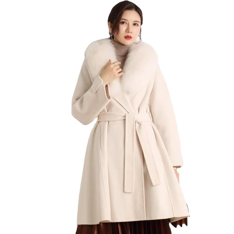 

2021 Winter Factory Wholesale High Quality Ladies Wool Cashmere Trench Coat with Fox Fur Collar For Womens, Customized color