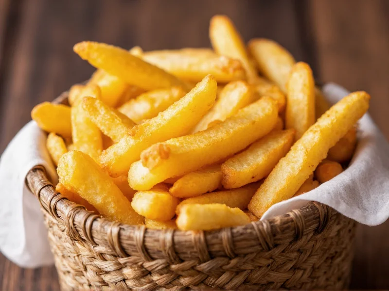 Crispy golden homemade french fries in woven basket