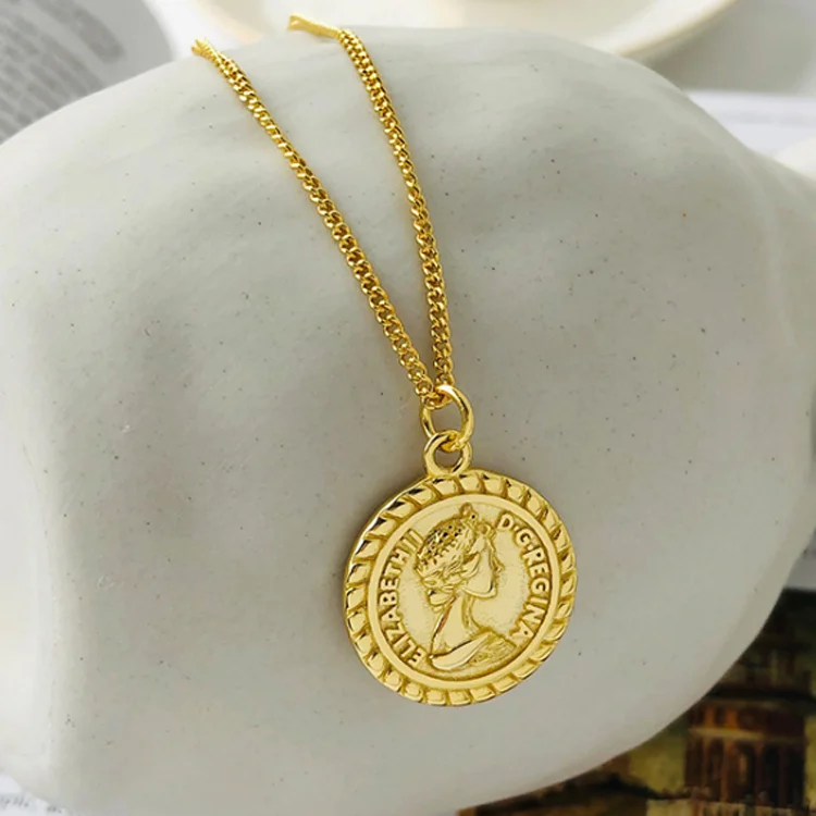 

New arrvial Elizabeth round coin pendant vintage jewelry chain women 925 sterling silver necklace, Gold/silver