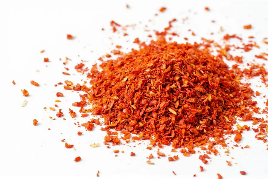 Close-up view of red pepper flakes showing different sizes of flakes and seeds on white background