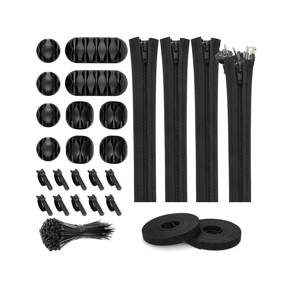 

126pcs Kit Cable Sleeve Zipper Silicone Clip Holder Self Adhesive Tie Fastening USB Ties Cord Management Cable Wire Organizer, Black