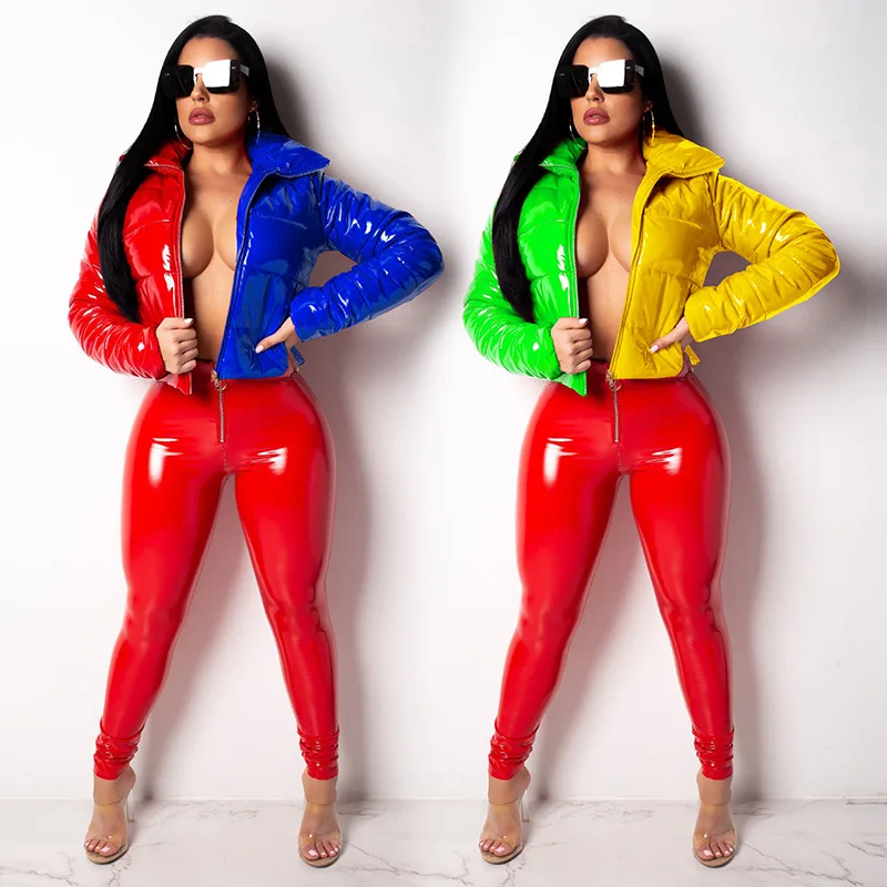 

Women Shiny Wet Look Vinyl Thick Puffer Padded Cropped Women Puffy Sleeve Short Jacket Coat Thin Ladies PU leather Down Jacket, Red + blue, yellow + green