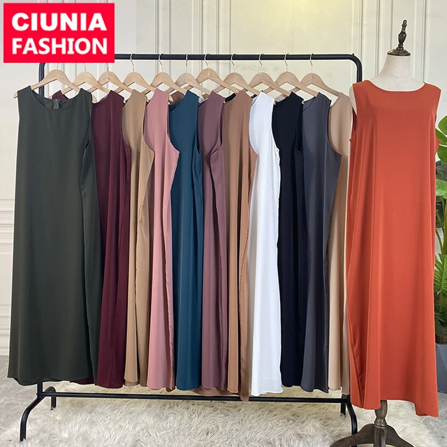 

6595# 12 Solid Colors Nida Sleeveless Inner Slip Dress For Muslim Women Summer Daily Long Dresses