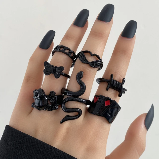 

Fashion Black Color Chain Rings Set For Women Men Punk Simple Wide Chain Rings 2022 Trend Jewelry