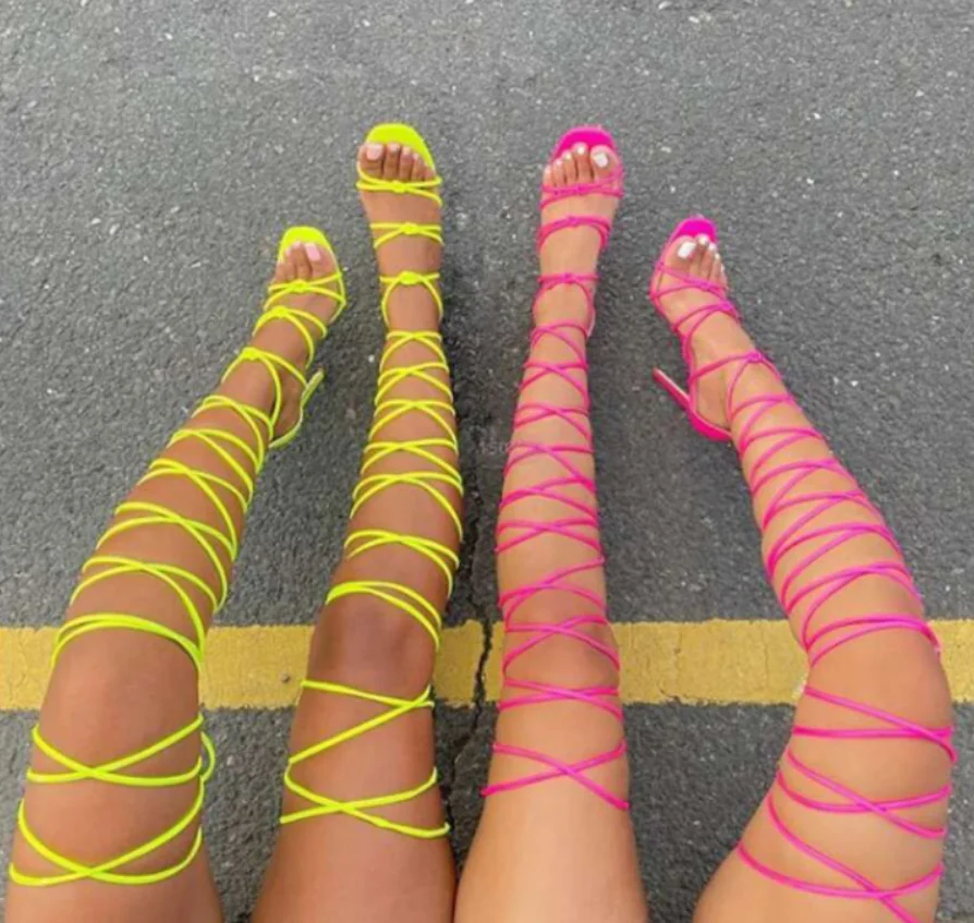 

2021 New Design Shoes for Women Rome Over Knee Strap Wrap Heels Sandals Lace up Stiletto High Heels, As picture