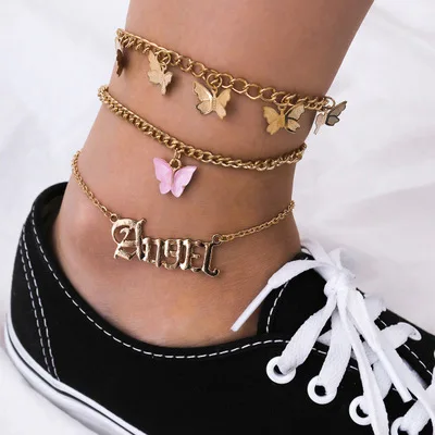 

2020 Boho Summer Beach Acrylic Butterfly Tassel Foot Jewelry 18K Gold Plating Letter Angle Cuban Chain Anklets