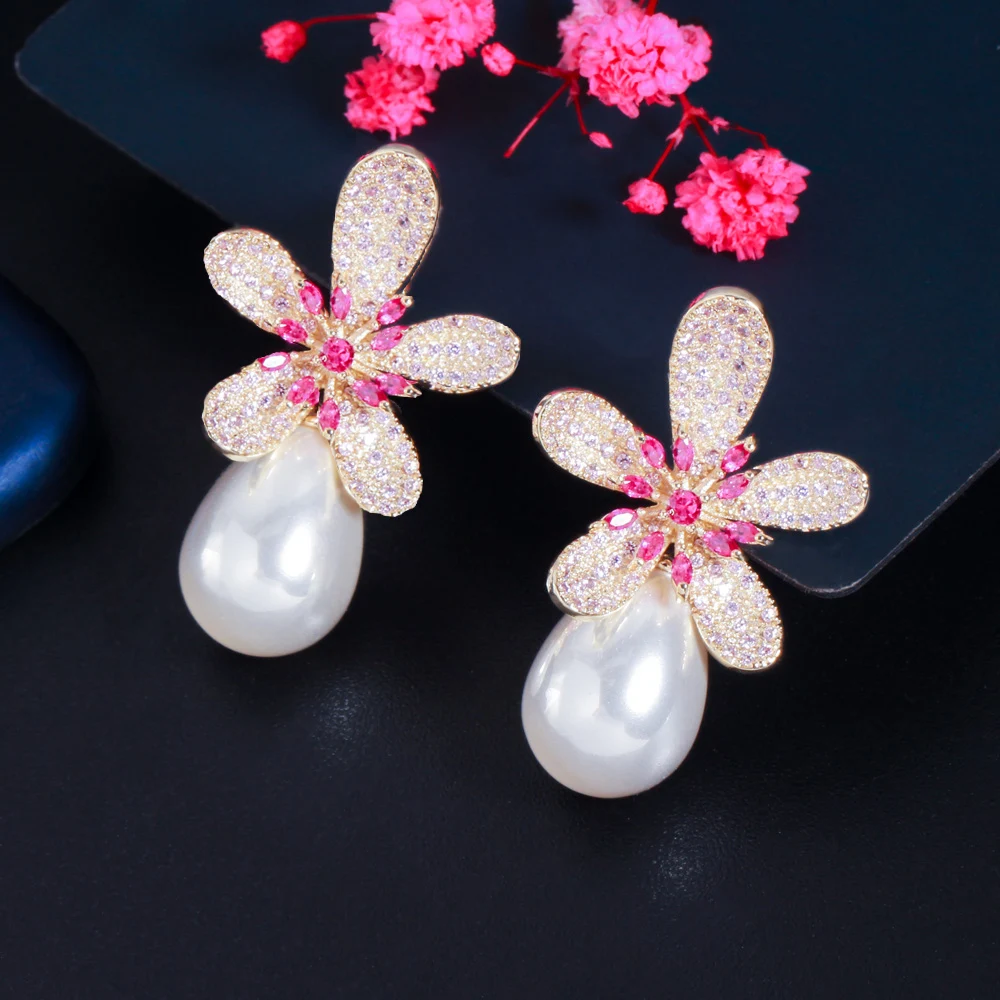 

Geometric Red Cubic Zirconia Flower Big Dangle Drop Pearl Earrings for Women Luxury Fashion Engagement Wedding Jewelry
