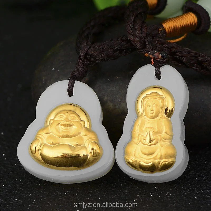 

3D Gold Inlaid Jade 4D Hetian Jade Pure Gold Inlaid Maitreya Guanyin Small Buddha Pendant Wholesale