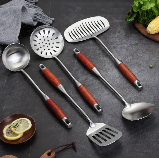 

304 Stainless Steel Utensil Kitchen Tools Set Wooden Handle Cooking Kitchenware For Sale, Silver