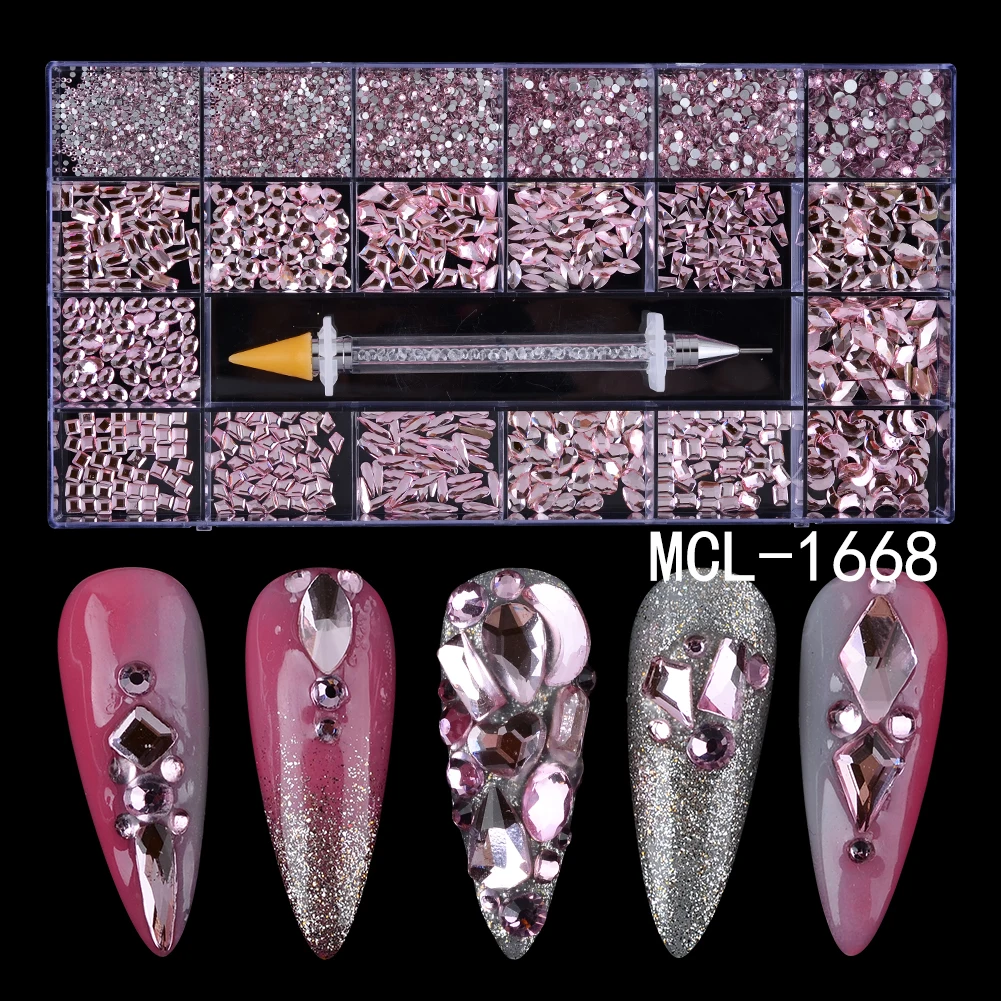 

Cherry Blossom Pink Nail Art Rhinestone Box Crystal Flat Golden Back Nail Glass Diamond Stone Kit