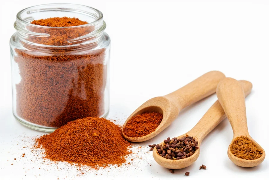 Homemade chili spice blend in glass jar with measuring spoons and whole spices