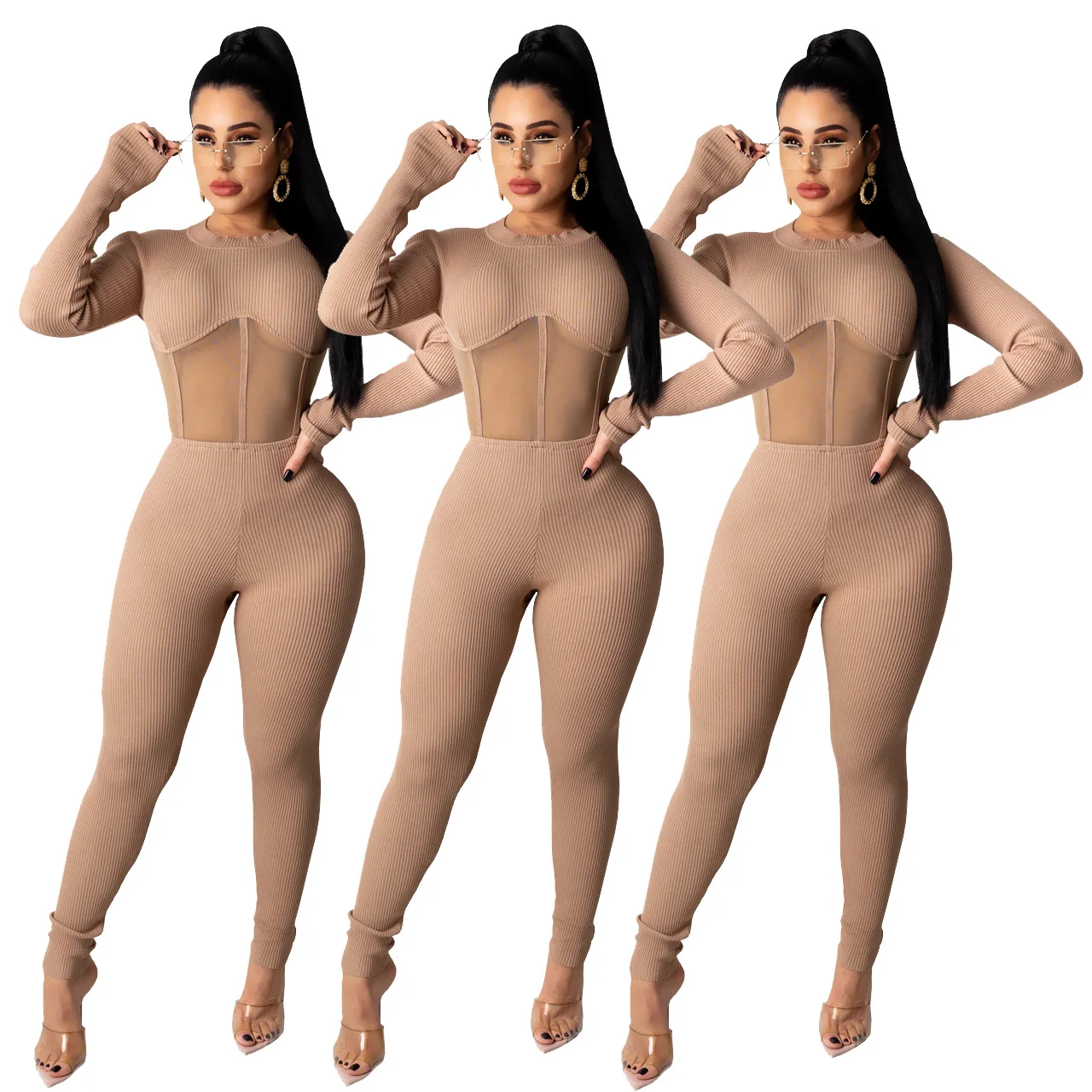 

Q732 Yousclothes Sexy Club Wear Women O-neck Mesh Stitching Transparent Ribbed Jumpsuit