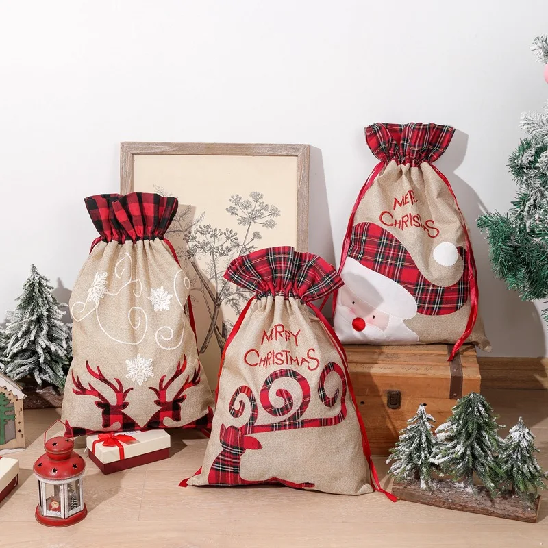 

Christmas Rope Bag Christmas Party Gift Package Candy Dessert Bag Gifts Cotton and Linen Bundle Printed Bouquet Pockets, Red