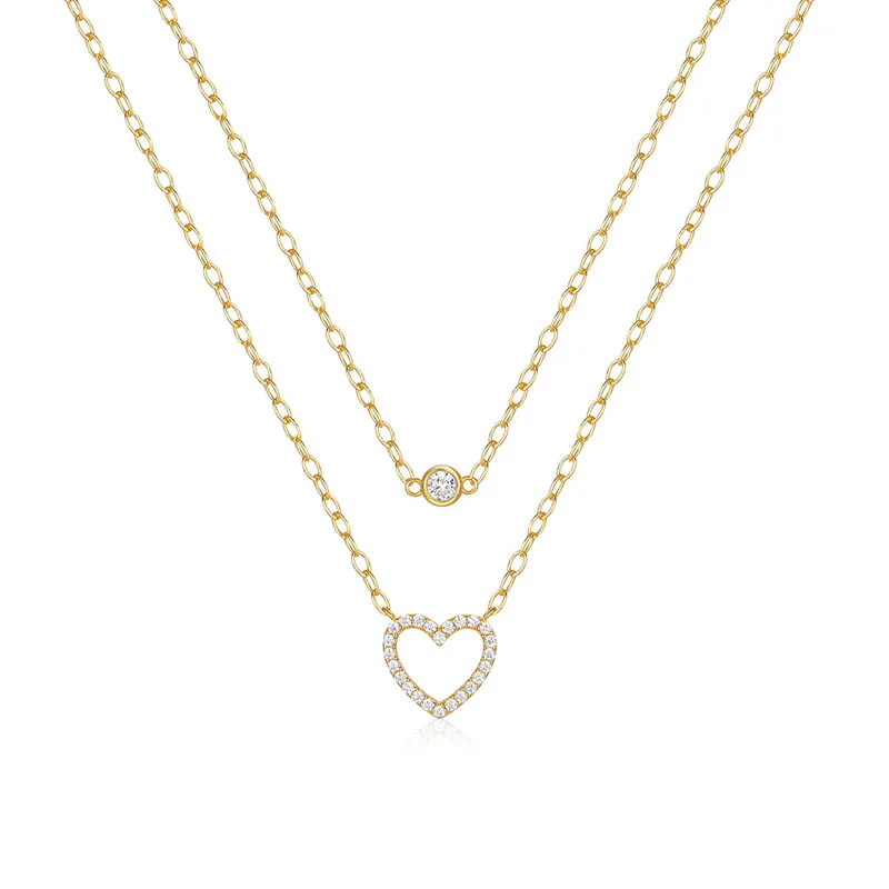 Link Chain Necklace 925 Sterling Silver Double Layer Hollow Heart Zircon Choker Necklaces for Girl Gifts