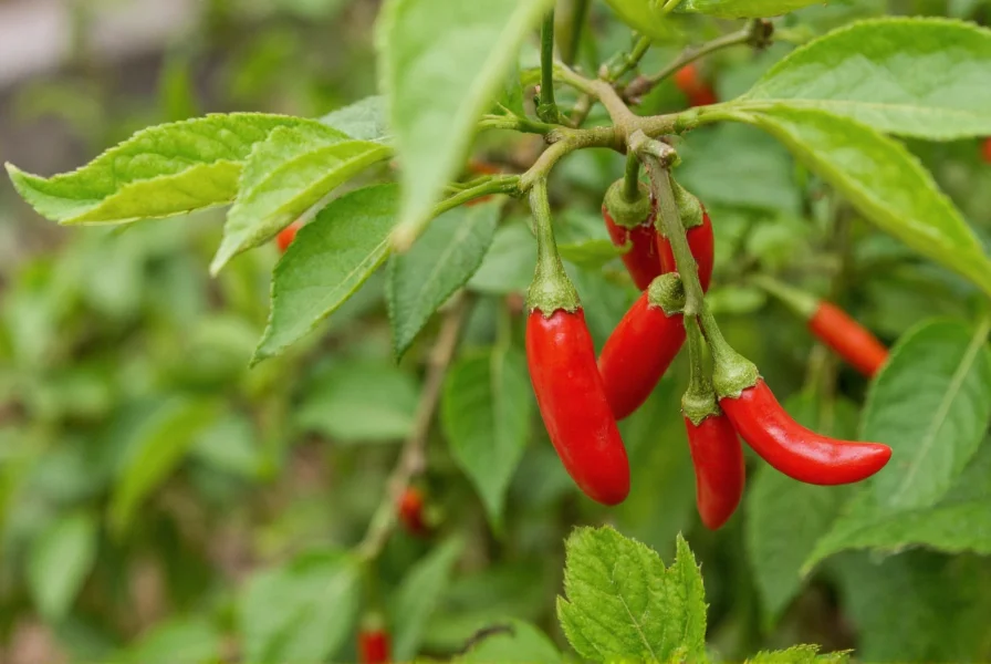 Close-up photograph of mature jueyun chili peppers growing on plant in traditional Sichuan mountain farm setting