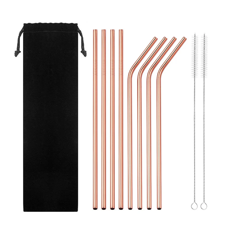 

High quality custom wholesale logo reusable metal 304 stainless steel straw 8 pcs/set for drinking, Silver/blue/violet/blue/red/rose golden/black