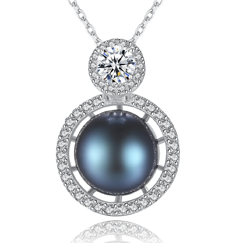 

Black Pearl Necklaces Luxury Women Double Circle Black Pearl Sterling Silver Jewelry Cubic Zirconia Necklace