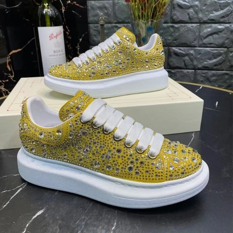 

Women Mc queens Lace-up Stretchy Small white shoes full rhinestones men and women platform platform sneakers, Customized color