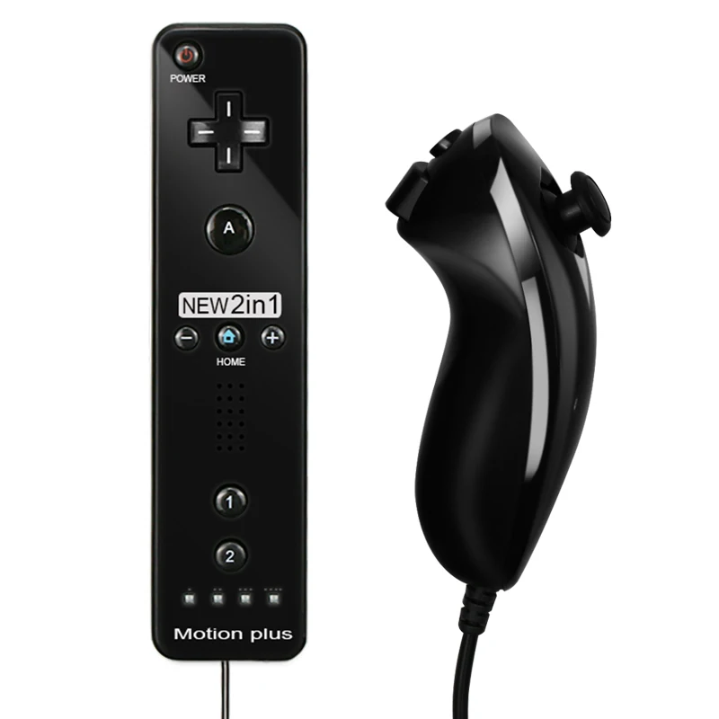 

for Nintendo Wii 2 in 1 Remote Control built in Motion Plus Remote Wireless Nunchuck Controller With Silicone Case and Strap, Black