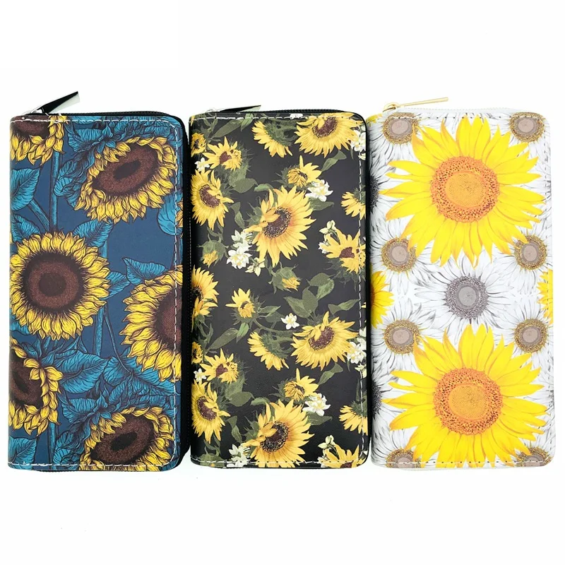 

Spot sunflower printing PU wallet ladies single zipper wallet long zipper bag handbag cosmetic bag factory