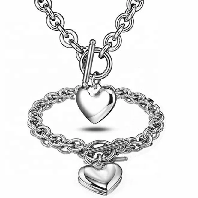 

Wholesale Custom Heart Pendant Chunky Toggle Chain Stainless Steel Silver Necklace And Bracelet Jewelry Set
