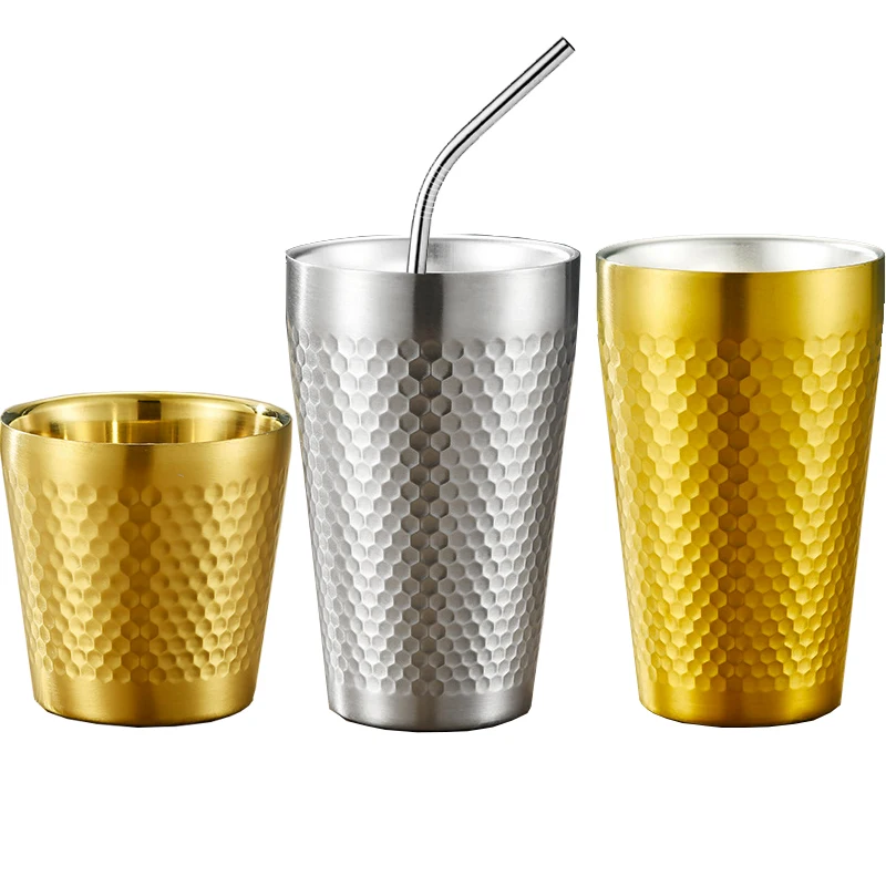 

High Quality Stackable Gold Double Wall Vacuum Beer Coffee Mug Metal Drinking Hammered Tumbler Stainless Steel Cup, Silver,gold