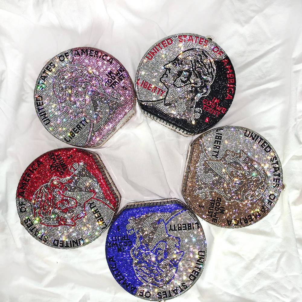 

Wholesale Rhinestone Diamond Chains Purse Glitter Single shoulder Round Bling Bag Women Handbags Party Clutch Evening Bags