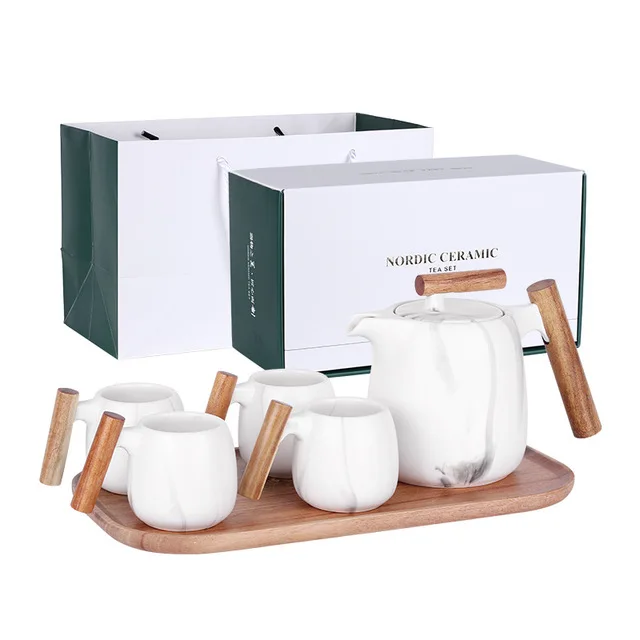 

Nordic Designer Wood Handle Coffee Ceramic Tea Cup Set Coffee Cups Pots Set with Stainless Steel Stainer Gift Box Gift, White or custom made colour is accepted