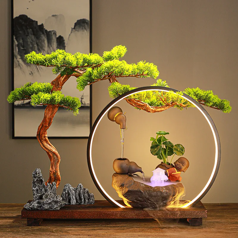 

Tabletop Ornaments House Warming Gift Waterfall Fountains Handmade Vivid Plant With LED Light Ring Hanging Pot Indoors