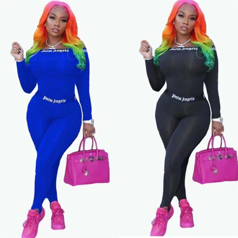 

Dropshipping 2 Pieces Outfits letter printing Casual xs size clothing Long sleeve Clothing Tight Two Pieces O-Neck Set