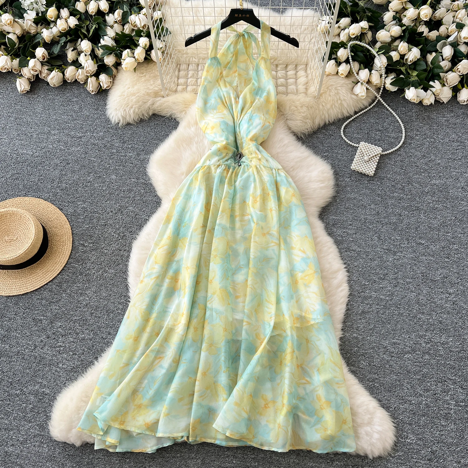 Neck Floral Chiffon Maxi Dress