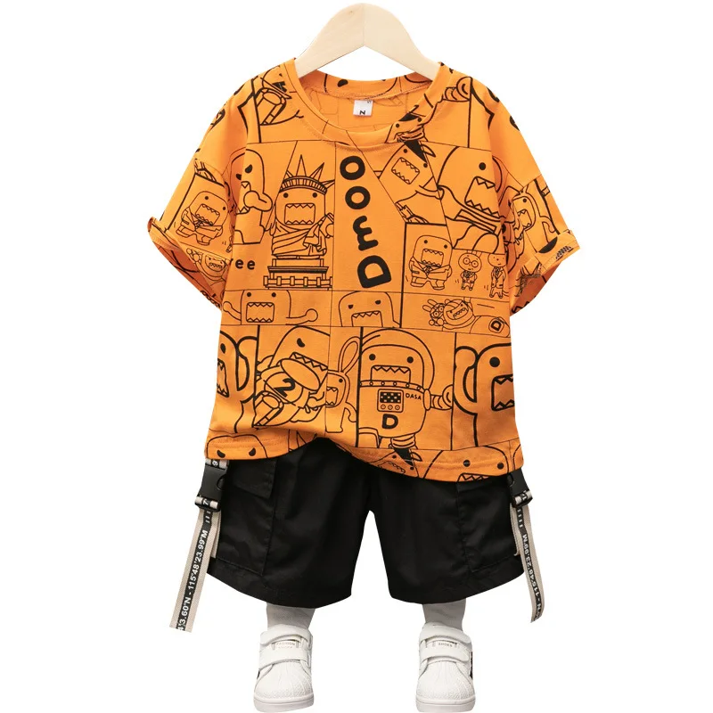 

2021 New Kids Clothing Short Sleeve Loose T-Shirt +Multi-Pocket Shorts Fashion Doodle Boy'S Clothing Sets, 9 colors