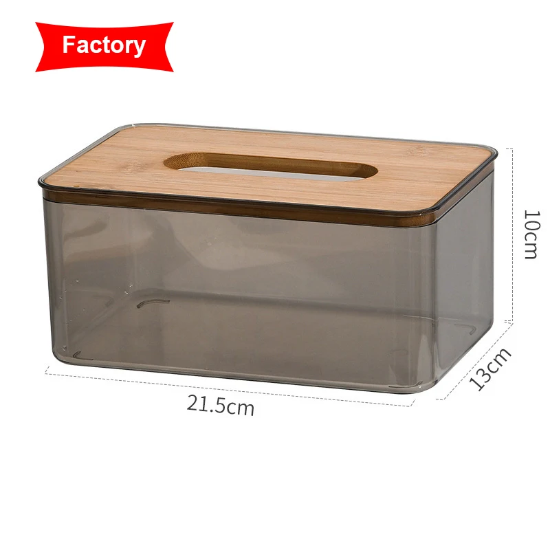 

Baolong Factory Creative Household Transparent Tissue Container Holder Facial Tissue Dispenser Box with Bamboo Wood Lid, Black