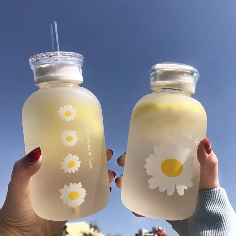 

Hot Sale Matte Glass Shatterproof Flower Pattern Glass Water Bottle With Straw