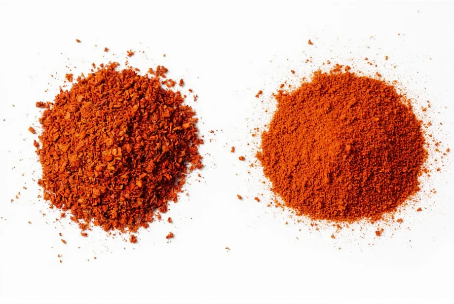 Side-by-side comparison of red chili flakes and crushed red pepper showing texture differences