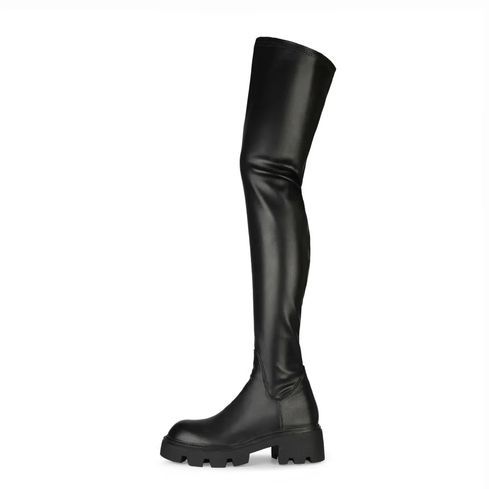 

Women Round Toe Low Heel Stretchy Black Long Boots Winter Thick Sole Ladies Casual Thigh High Boots