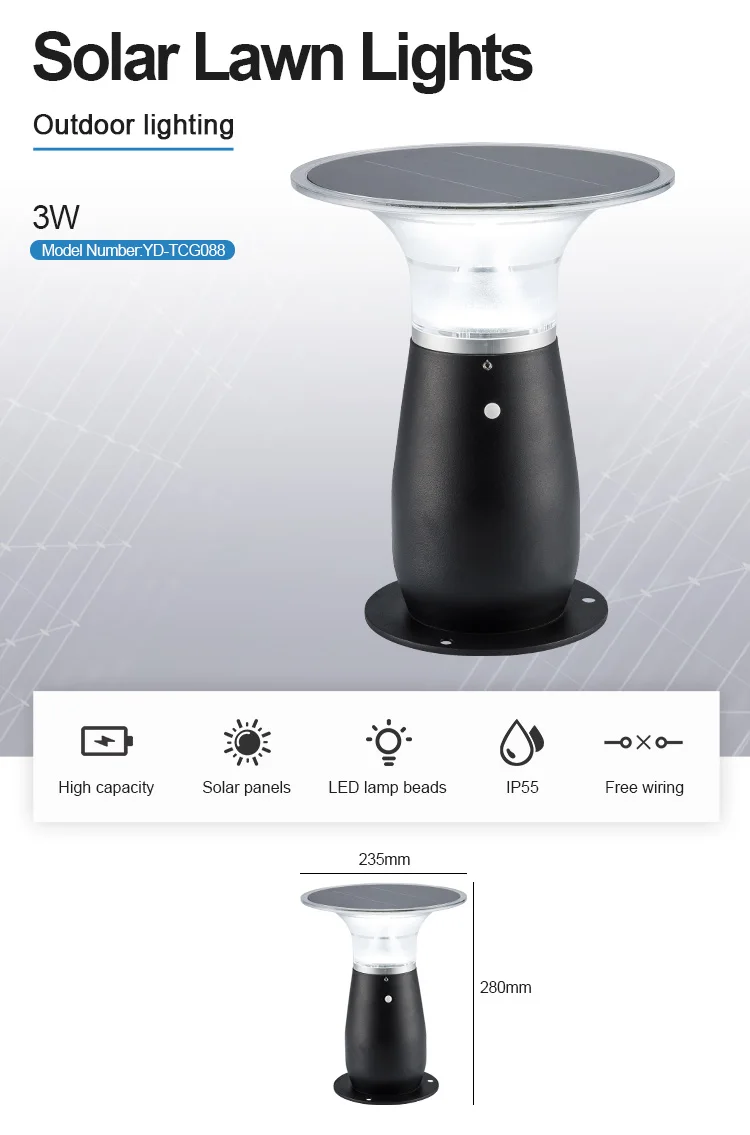 28CM Modern Style IP65 Waterproof Die-Cast Aluminum 3W Led Solar Mushroom Garden Bollard Light