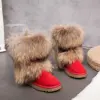 2019 new Comfortable And Waterproof cowhide Boots raccoon fur lined Women Snow Boots red color