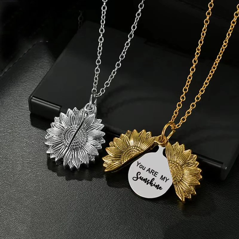

Spinning You Are My Sunshine Sunflower Necklace Openable Locket Stainless Steel Custom Letter Pendant Necklace for Mama Wife