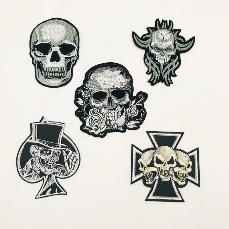 

Wholesale skull Clothes Applique Sticker Fashion Custom Embroidered Badges Iron On Patches 5styles/set