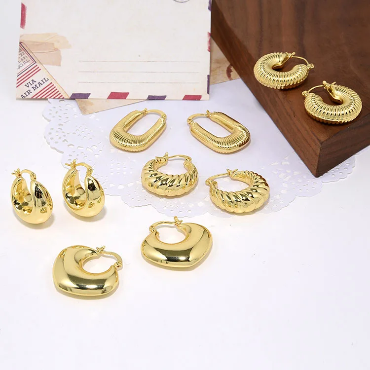 

EM1370 Bohemian Bold 18k Gold Plated Geometric Twisted Hoop Earrings Gold Croissant Statement Hoops for Women