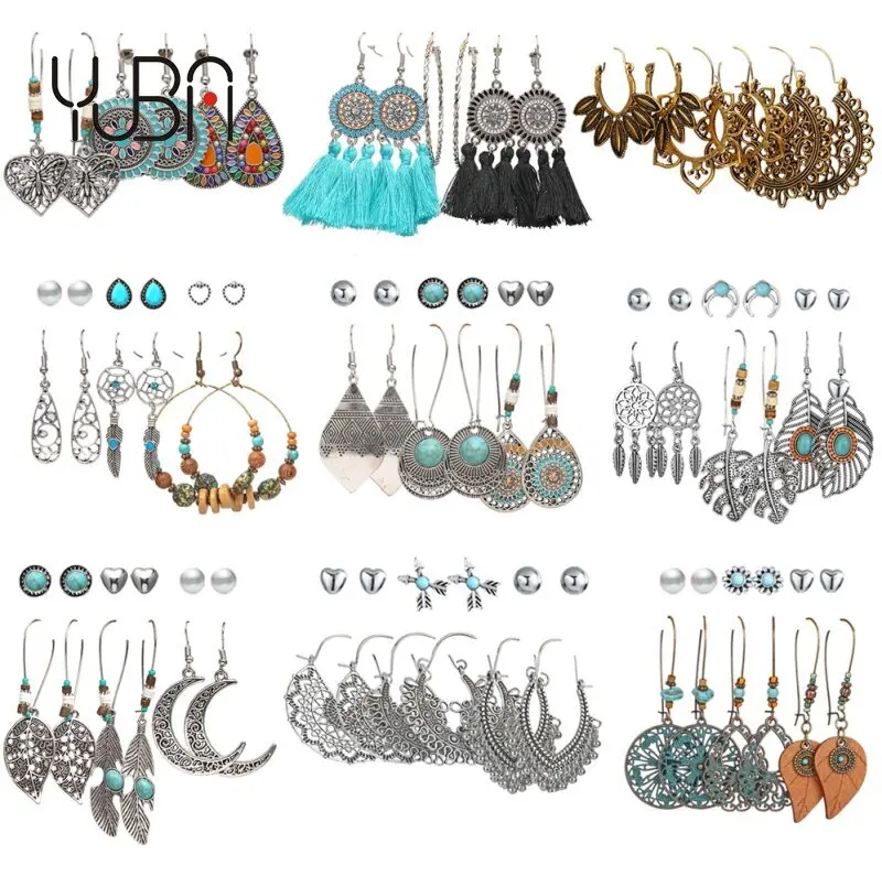 

Vintage 48 Pairs Drop Dangle Earrings Set for Women Bohemian Eardrop with Bronze Hollow Waterdrop Leaf Feather Turquoise