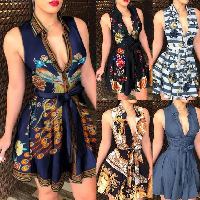 

Fashion Ladies Sleeveless Sexy V-neck print dress with straps