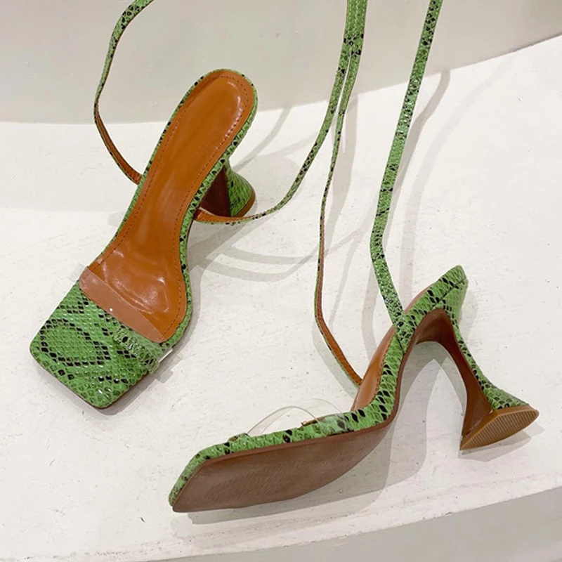 

Summer 2022 Snakeskin Print Women's Shoes Square Toe PVC Design Heel Straps Lace-up Foot Nude Outdoor Sandals Women's Shoes